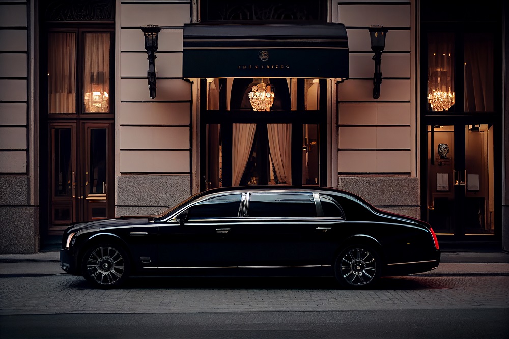 luxury car speeds by modern building dusk generative ai